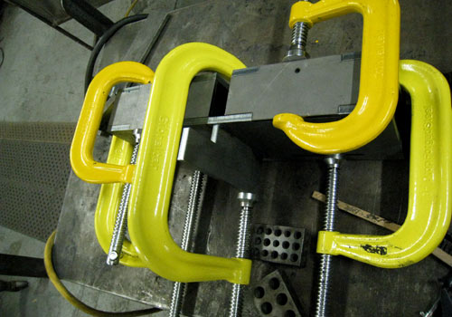 Box beam mock up being clamped for welding in Caliper's Brooklyn fabrication shop